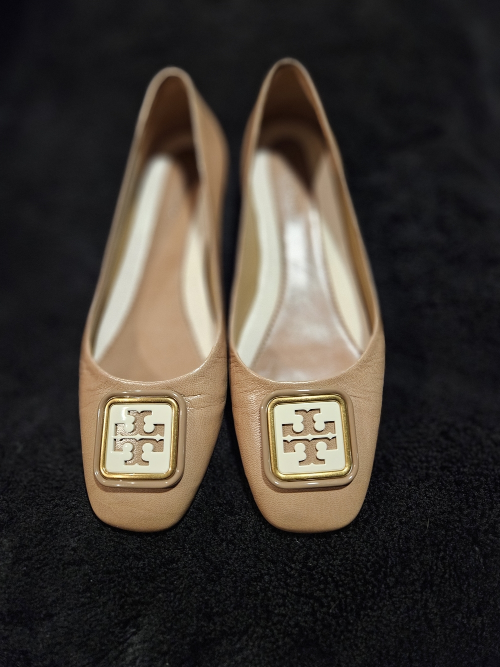 Tory Burch Nude Tan Leather Ballet Flats with Gold Logo Plaque